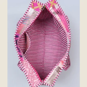 Pink Patchwork Quilted Bag Indian Silk Fabric Tote Bags - Image 7