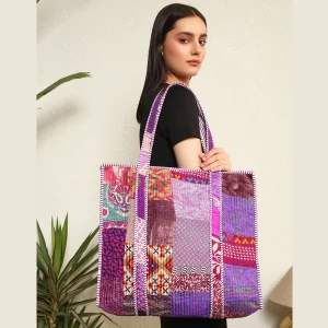 Purple Tote Bags Casual Patchwork Quilted Shopping Bag - Image 3