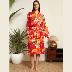 Pink Leaf Print Pure Cotton Kimono Robe - Image 3
