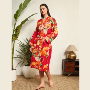Pink Leaf Print Pure Cotton Kimono Robe - Image 4