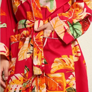 Pink Leaf Print Pure Cotton Kimono Robe - Image 5
