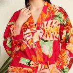 Pink Leaf Print Pure Cotton Kimono Robe - Image 6