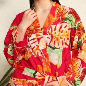 Pink Leaf Print Pure Cotton Kimono Robe - Image 6