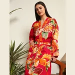 Pink Leaf Print Pure Cotton Kimono Robe