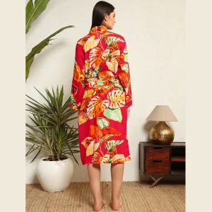 Pink Leaf Print Pure Cotton Kimono Robe - Image 7