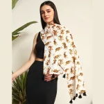Tiger Printed Pure Cotton Scarf With Tassel Lace - Image 3