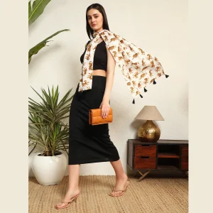 Tiger Printed Pure Cotton Scarf With Tassel Lace - Image 6