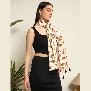 Tiger Printed Pure Cotton Scarf With Tassel Lace - Image 4