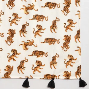Tiger Printed Pure Cotton Scarf With Tassel Lace - Image 8