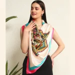 Women Beige Mandala Print Silk Feel Satin Scarf 40" - Image 2