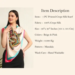 Women Beige Mandala Print Silk Feel Satin Scarf 40" - Image 10