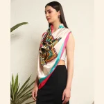 Women Beige Mandala Print Silk Feel Satin Scarf 40" - Image 4