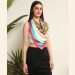 Women Beige Mandala Print Silk Feel Satin Scarf 40" - Image 5