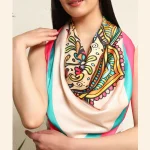 Women Beige Mandala Print Silk Feel Satin Scarf 40" - Image 6