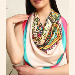 Women Beige Mandala Print Silk Feel Satin Scarf 40" - Image 6