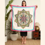 Women Beige Mandala Print Silk Feel Satin Scarf 40" - Image 7