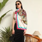 Women Beige Mandala Print Silk Feel Satin Scarf 40"