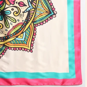 Women Beige Mandala Print Silk Feel Satin Scarf 40" - Image 9