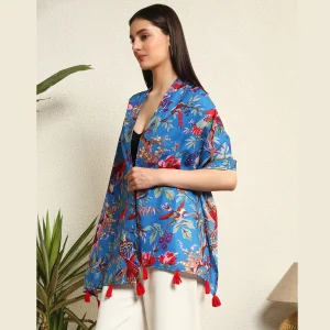 Women Blue Bird Rectangle Cotton Shawl - Image 4