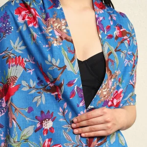 Women Blue Bird Rectangle Cotton Shawl - Image 7