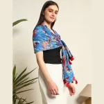 Women Blue Bird Rectangle Cotton Shawl - Image 3