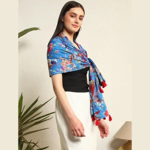 Women Blue Bird Rectangle Cotton Shawl - Image 3