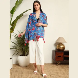 Women Blue Bird Rectangle Cotton Shawl - Image 5