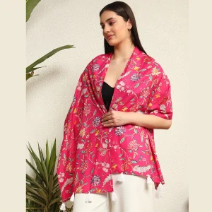 Women Lightweight Hand Block Floral Print Pink Scarf - Image 3