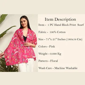 Women Lightweight Hand Block Floral Print Pink Scarf - Image 9