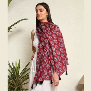Women Maroon Scarf Hand Block Printed Scarves - Image 3