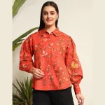 Women Summer Orange Floral Print Cotton Shirts - Image 2
