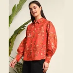 Women Summer Orange Floral Print Cotton Shirts - Image 3