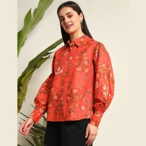 Women Summer Orange Floral Print Cotton Shirts - Image 3
