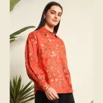 Women Summer Orange Floral Print Cotton Shirts - Image 4
