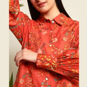 Women Summer Orange Floral Print Cotton Shirts - Image 8