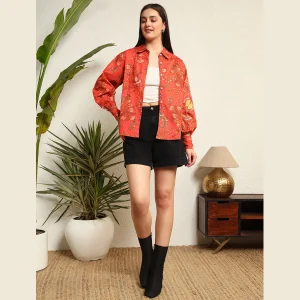 Women Summer Orange Floral Print Cotton Shirts - Image 5