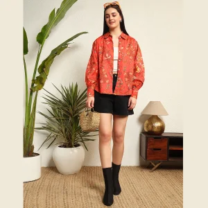 Women Summer Orange Floral Print Cotton Shirts - Image 6