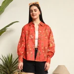 Women Summer Orange Floral Print Cotton Shirts