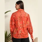 Women Summer Orange Floral Print Cotton Shirts - Image 7