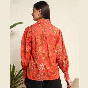 Women Summer Orange Floral Print Cotton Shirts - Image 7