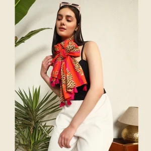 Women Tiger Printed Scarves Orange & Pink Cotton Fabric - Image 6