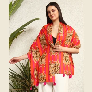Women Tiger Printed Scarves Orange & Pink Cotton Fabric - Image 3