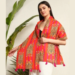 Women Tiger Printed Scarves Orange & Pink Cotton Fabric - Image 4