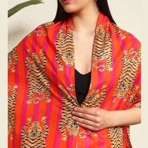 Women Tiger Printed Scarves Orange & Pink Cotton Fabric - Image 7