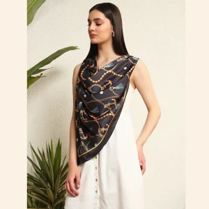 Women's Black Fashionable Printed Satin Silk Hijab - Image 3