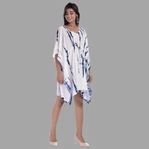 Women's Blue Tie Dye Kaftan Rayon Short Dress - Image 3