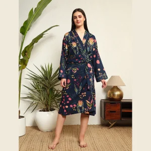 Women's Boho Maxi Kimono Dress Blue Floral Robe - Image 3