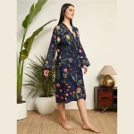 Women's Boho Maxi Kimono Dress Blue Floral Robe - Image 5