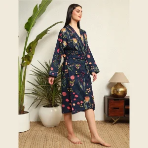 Women's Boho Maxi Kimono Dress Blue Floral Robe - Image 5