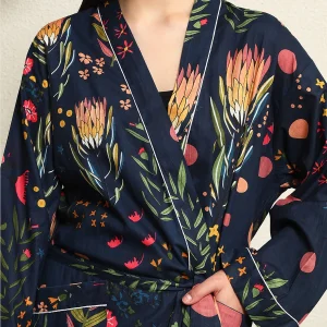 Women's Boho Maxi Kimono Dress Blue Floral Robe - Image 7